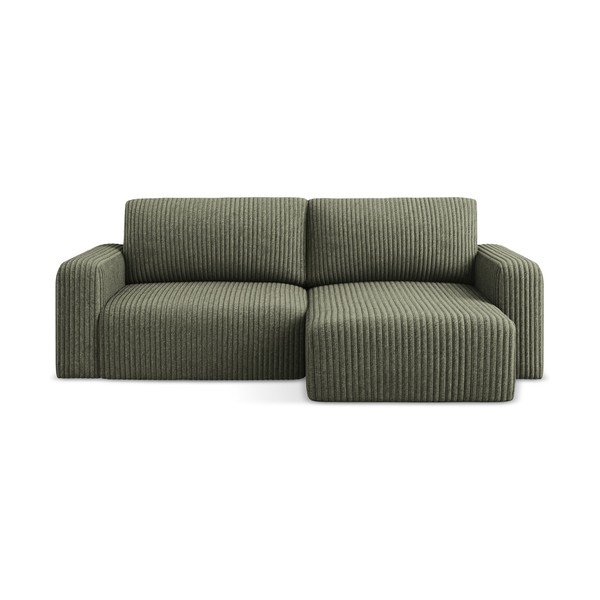 Divano angolare verde allungabile/con contenitore (con penisola a destra/con chaise lounge) con rivestimento in velluto a coste Kona – Makamii