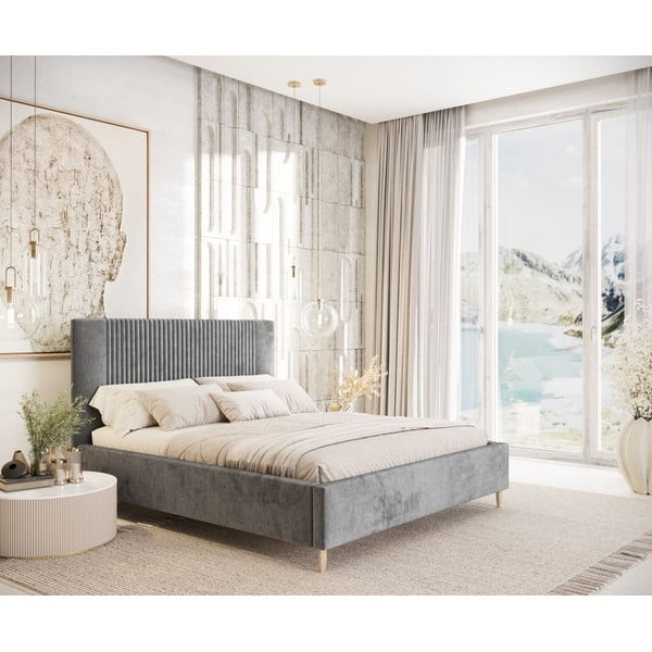 Letto matrimoniale imbottito grigio con contenitore con rete inclusa 180x200 cm Etero – Maison de Rêve-image-1