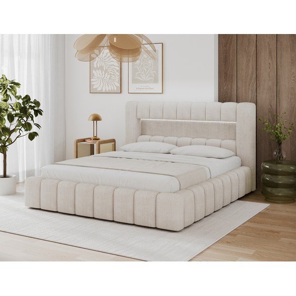 Letto matrimoniale imbottito beige con contenitore con rete inclusa 180x200 cm Lamica – ELTAP-image-1