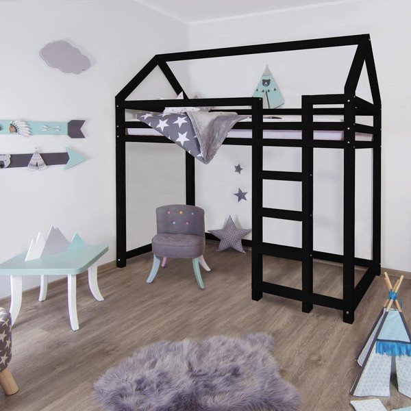 Letto nero rialzato in abete con scala a destra Nesty, 90 x 200 cm - Benlemi