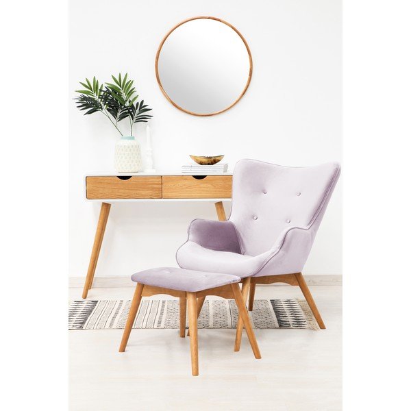 Poltrona e poggiapiedi color viola lavanda con base in colore naturale Cora Velvet - Vivonita-image-1