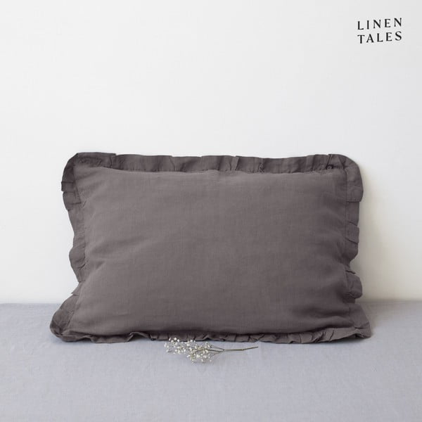 Federa di lino grigio scuro con bordo a righe , 50 x 60 cm Dark Grey - Linen Tales