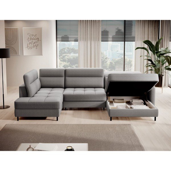 Divano angolare grigio chiaro allungabile/con contenitore (con penisola a sinistra/a U) e rivestimento in velluto Berrto – ELTAP-image-3