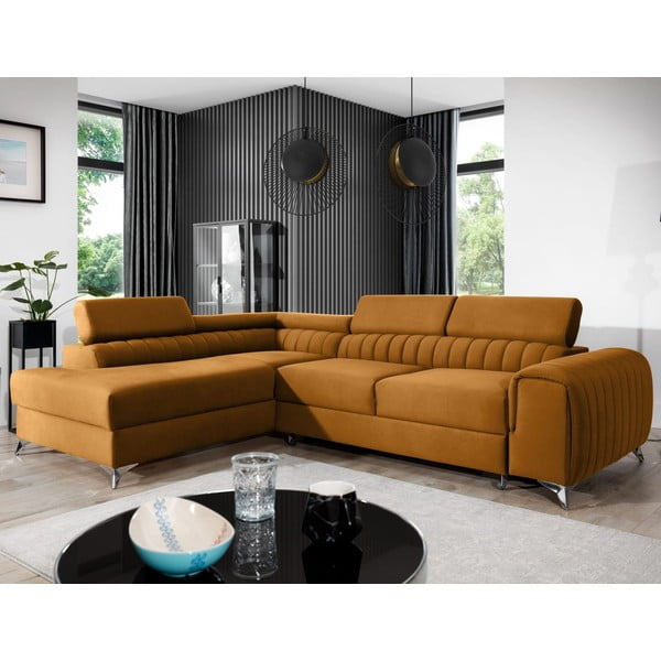 Divano angolare giallo allungabile/con contenitore (con penisola a sinistra/a L) e rivestimento in velluto Laurence – ELTAP-image-1