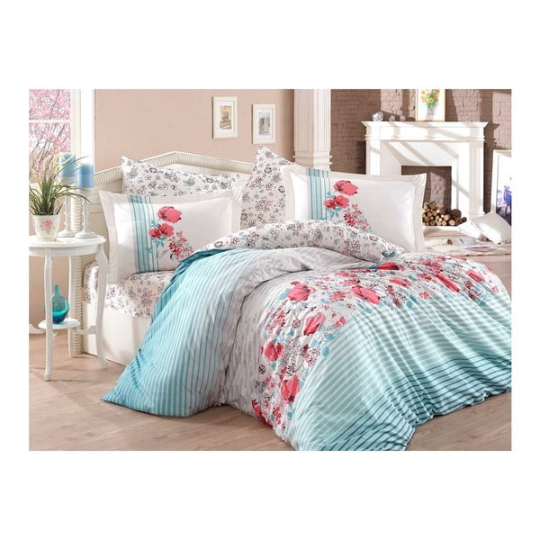 Biancheria da letto in popeline di cotone con lenzuolo per letto matrimoniale Fiesta Aqua, 200 x 220 cm - Mijolnir