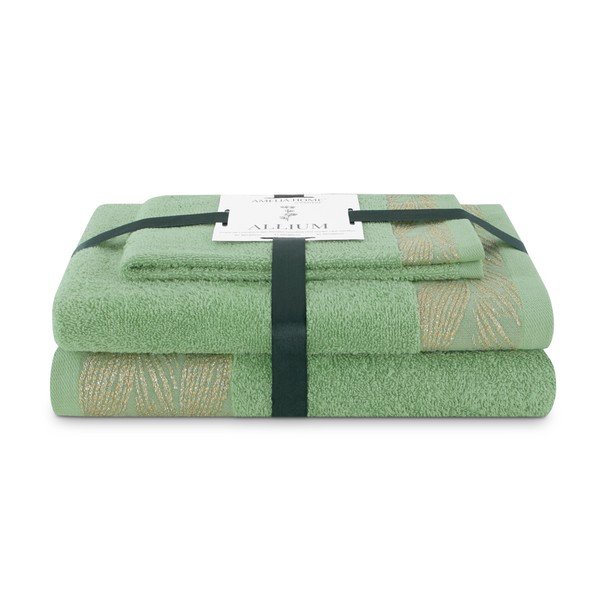 Set di asciugamani per viso e corpo tipo terry verde chiaro in cotone 3 pz Allium – Restilo