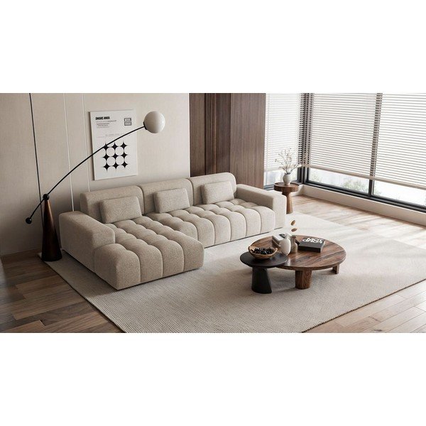 Divano angolare beige (con penisola a sinistra/con chaise lounge) con rivestimento in ciniglia Chevi – Ghado-image-1