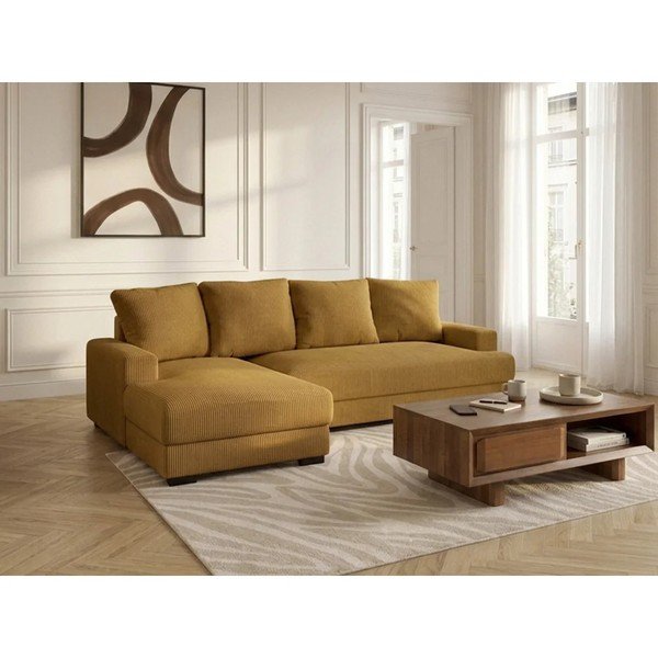 Divano angolare giallo allungabile/con contenitore (con penisola a sinistra/con chaise lounge) con rivestimento in velluto a coste Campi – Bobochic Paris-image-1