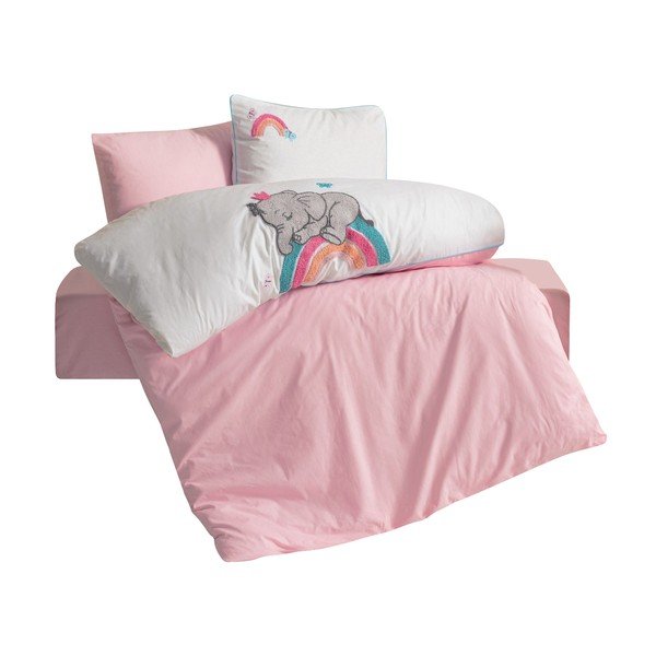 Set copripiumino e federa da bambini bianco/rosa in cotone per culla con lenzuolo incluso/4 pezzi 100x150 cm Lucky – Mijolnir