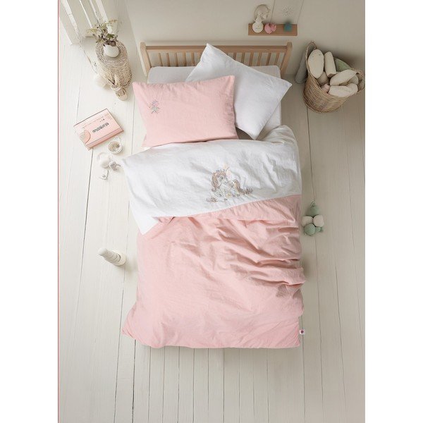 Set copripiumino e federa da bambini bianco/rosa in cotone per culla con lenzuolo incluso/4 pezzi 100x150 cm Bonic – Mijolnir-image-1