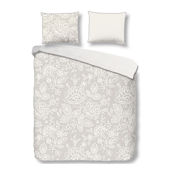 Biancheria da letto matrimoniale Lily in cotone sateen bianco e grigio, 200 x 220 cm Lace - Descanso