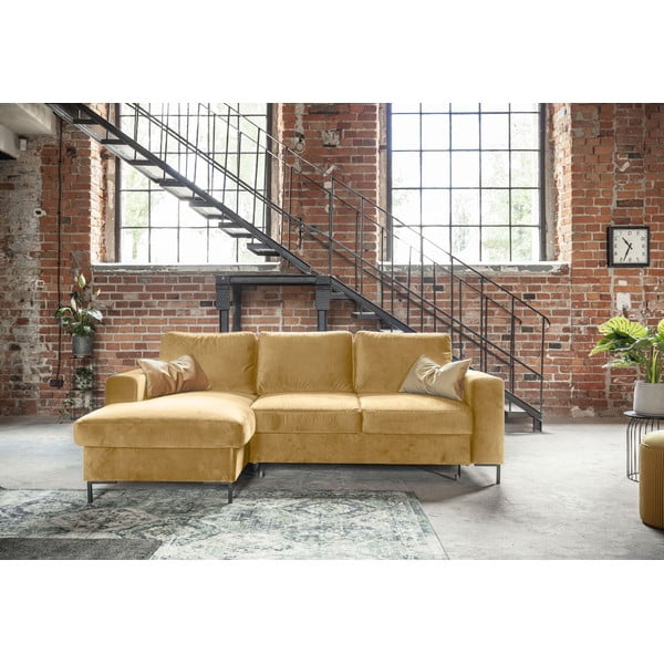 Divano letto angolare in velluto giallo senape, angolo sinistro Lofty Lilly - Miuform-image-1