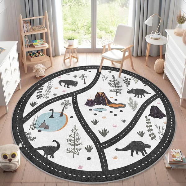 Tappeto da gioco per bambini bianca e nera lavabile ø120 cm Dino Park – Mila Home-image-1