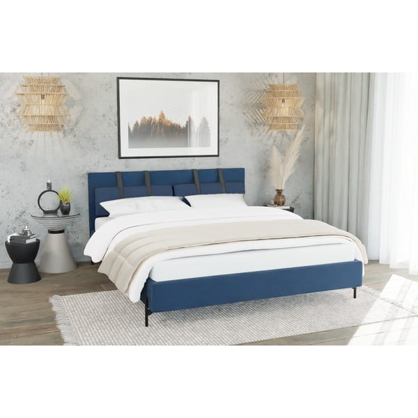 Letto matrimoniale imbottito blu scuro con griglia 180x200 cm Tulsa - Ropez-image-2