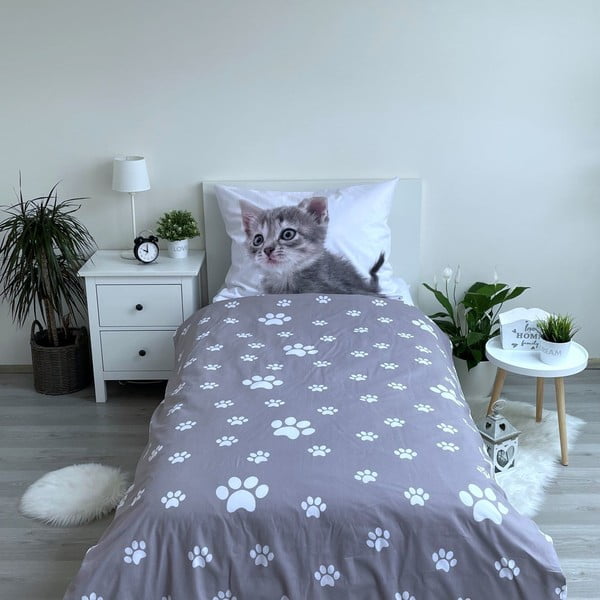 Set copripiumino e federa da bambini bianco/grigio in cotone per letto singolo 140x200 cm Kitten "Grey" – Jerry Fabrics-image-2
