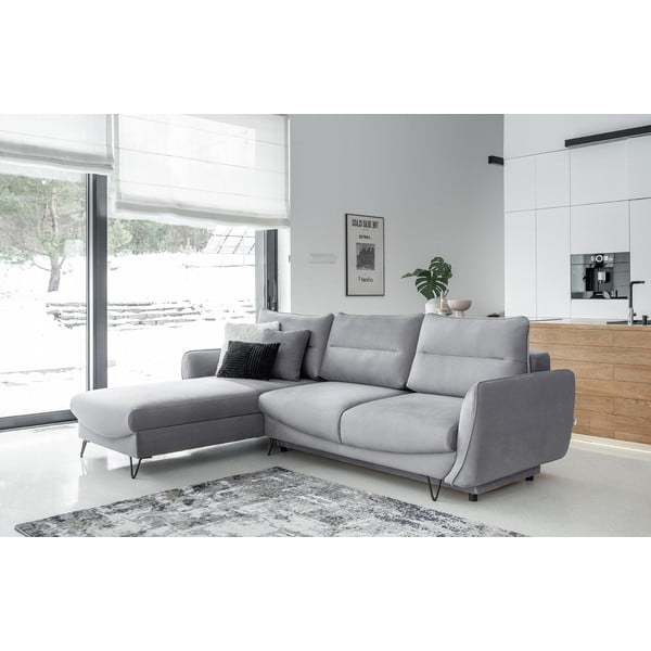 Divano angolare grigio chiaro allungabile/con contenitore (con penisola a sinistra/con chaise lounge) e rivestimento in velluto Silva – ELTAP-image-1