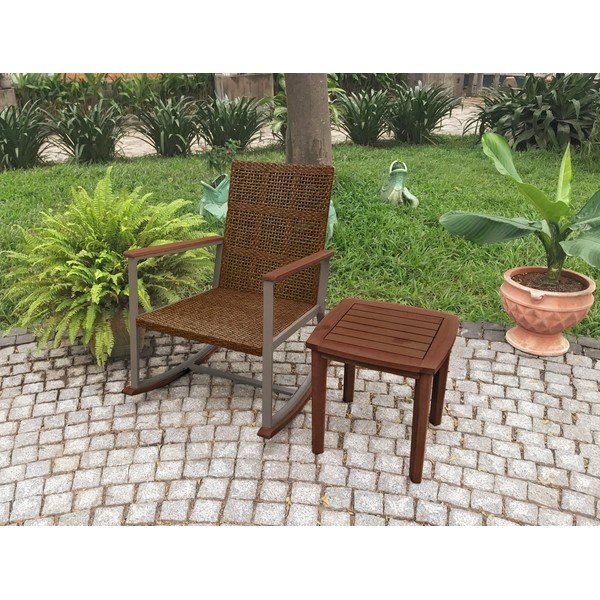 Sedia a dondolo in legno marrone scuro con tavolino Sinaloa - Garden Pleasure-image-1