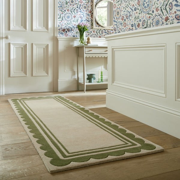 Passatoia in lana tessuta a mano di colore verde-naturale 80x230 cm Lois Scallop - Flair Rugs-image-1