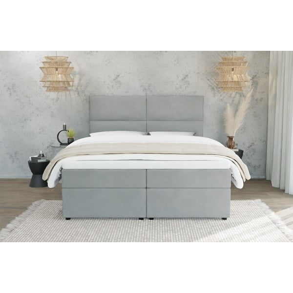 Letto matrimoniale imbottito grigio chiaro con spazio contenitivo e rete 140x200 cm Rico - Ropez-image-2