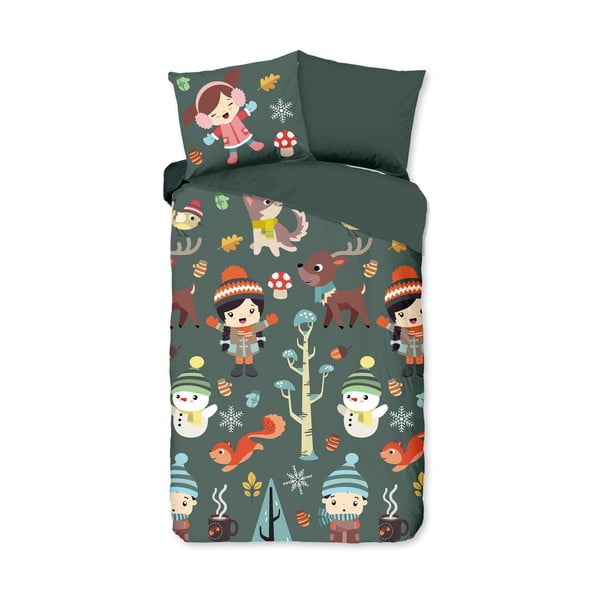 Set copripiumino e federa da bambini verde scuro in cotone per letto singolo ed esteso 140x220 cm Fun – Good Morning