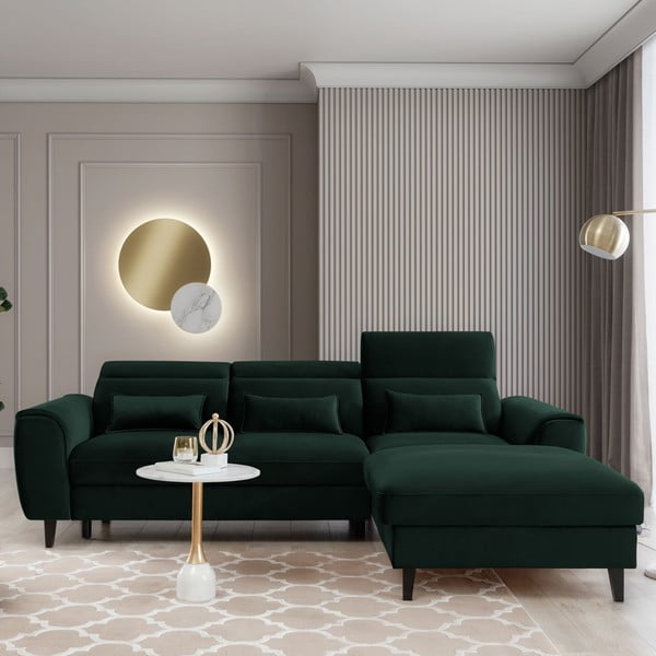 Divano angolare verde scuro allungabile/con contenitore (con penisola a destra/con chaise lounge) e rivestimento in velluto Foble – ELTAP-image-1