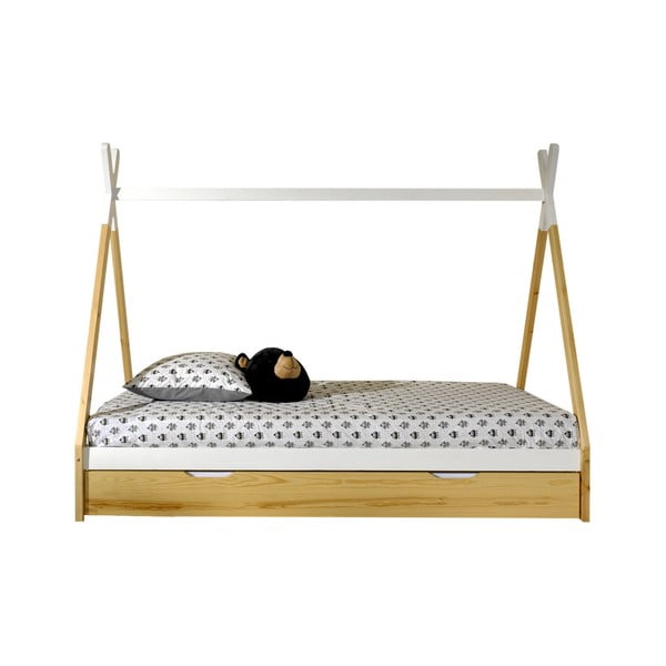 Letto per bambini in legno di pino con contenitore in colore bianco e naturale 90x200 cm TIPI - Vipack