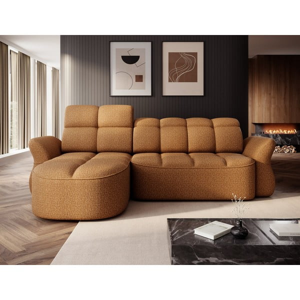 Divano angolare giallo/marrone allungabile/con contenitore (con penisola a sinistra/con chaise lounge) e rivestimento in velluto Beneth – ELTAP-image-1