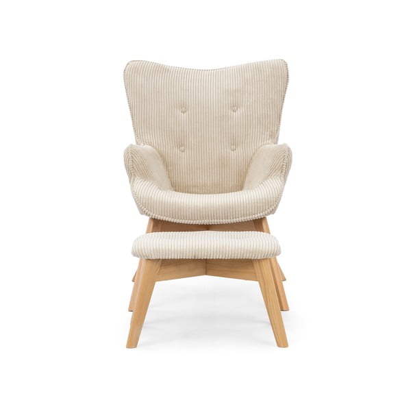 Poltrona con poggiapiedi beige con rivestimento in velluto a coste Niko – Ropez-image-3