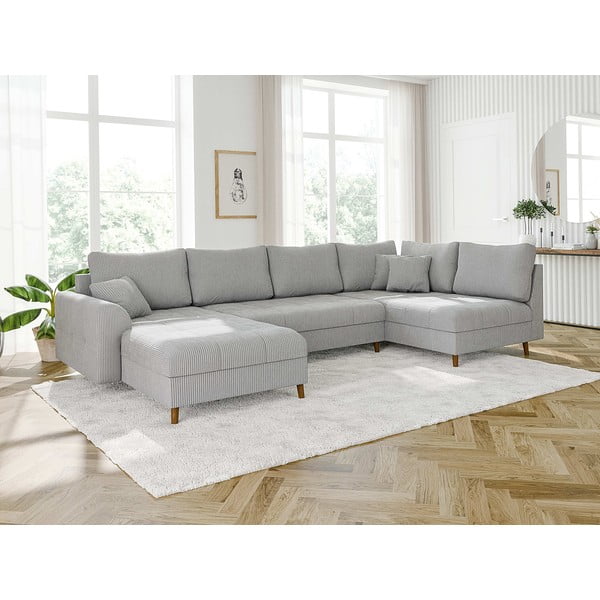 Divano angolare in velluto a coste grigio chiaro (angolo sinistro/U) Ariella - Ropez-image-3