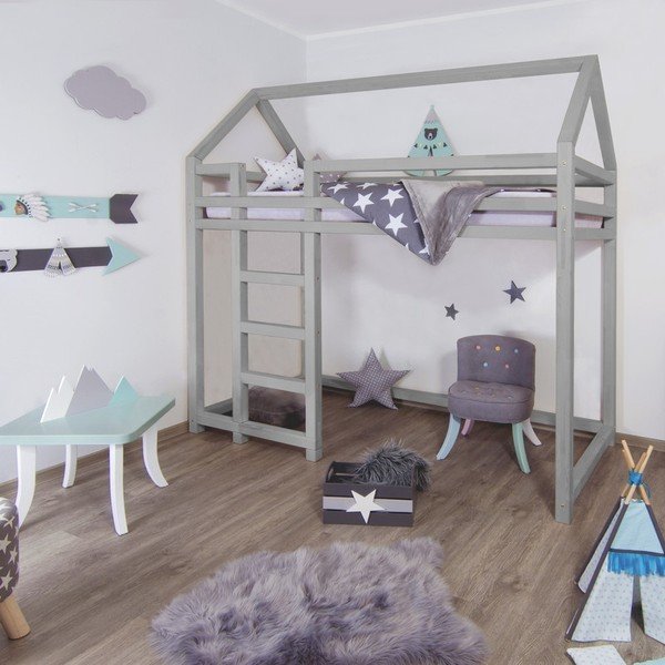 Letto rialzato grigio in legno di abete con scala a sinistra Nesty, 90 x 200 cm - Benlemi