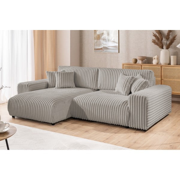 Divano angolare con penisola a sinistra grigio chiaro e rivestimento in velluto a coste allungabile e con contenitore Sarina – Ropez-image-4