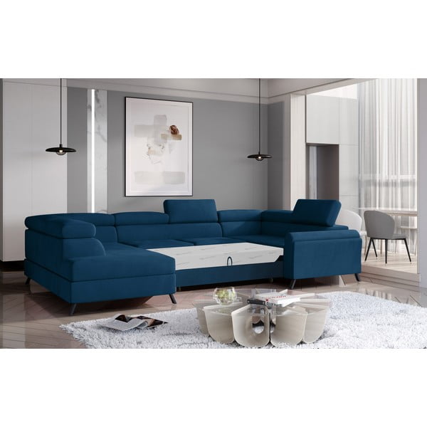 Divano angolare blu allungabile/con contenitore (con penisola a sinistra/a U) e rivestimento in velluto Escada – ELTAP-image-2