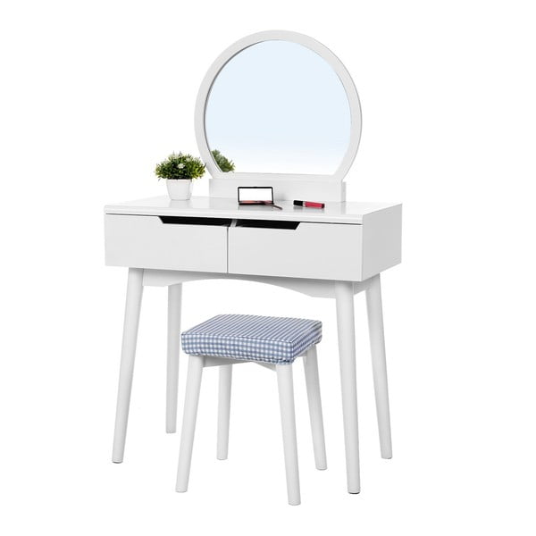 Tavolino da toilette in legno bianco con specchio, sgabello e due cassetti - Songmics