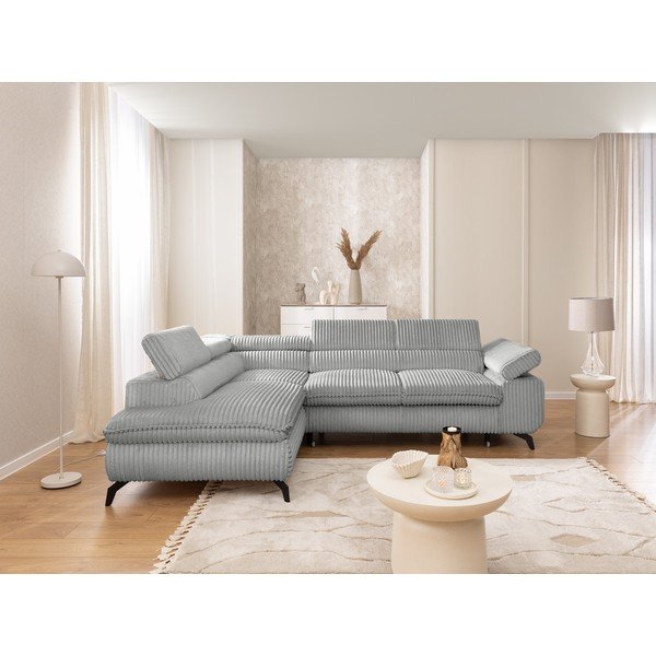 Divano angolare grigio chiaro (con penisola a sinistra/a L) con rivestimento in velluto a coste Marbeya  – Ropez-image-4