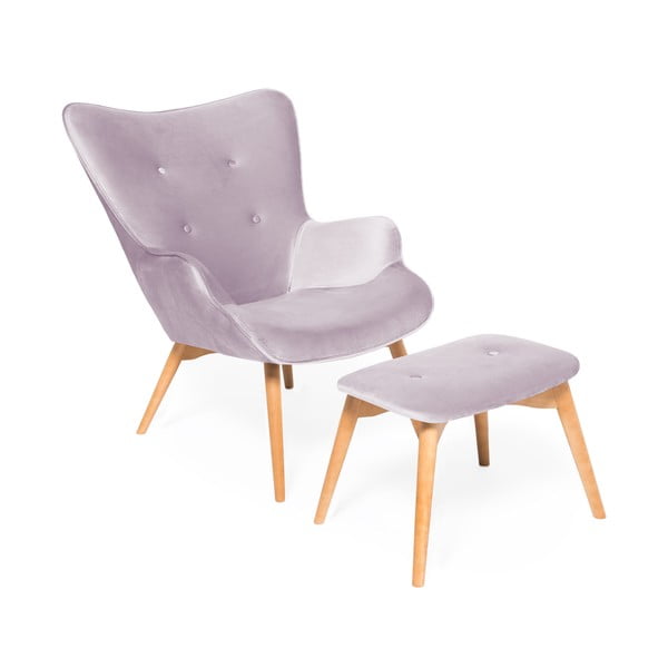 Poltrona e poggiapiedi color viola lavanda con base in colore naturale Cora Velvet - Vivonita