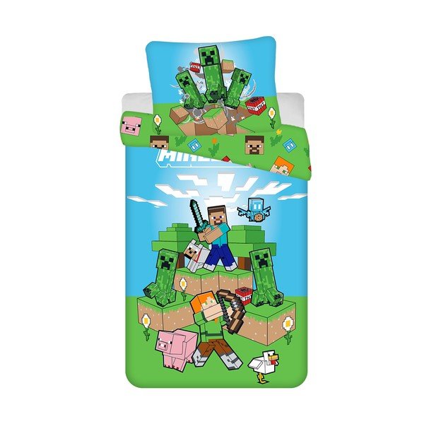 Set copripiumino e federa da bambini verde/blu in cotone per letto singolo 140x200 cm Minecraft "Outdoor Mobs" – Jerry Fabrics