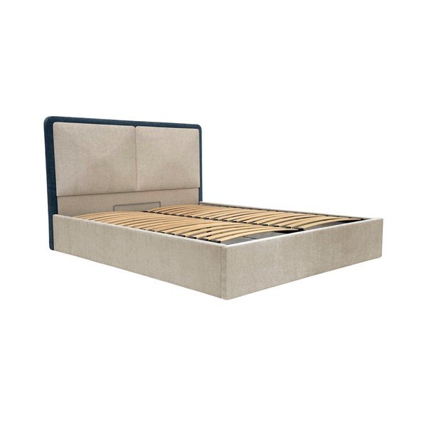 Letto matrimoniale blu/beige imbottito con contenitore con rete inclusa 180x200 cm Mara – Bobochic Paris