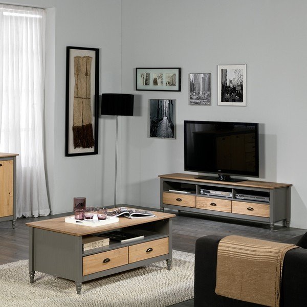 Cassettiera TV in pino massiccio grigio con 3 cassetti Iryna - Marckeric-image-1