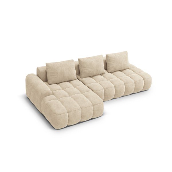 Divano angolare beige allungabile/con contenitore (con penisola a sinistra/con chaise lounge) con rivestimento in velluto Linz – Cosmopolitan Design-image-3