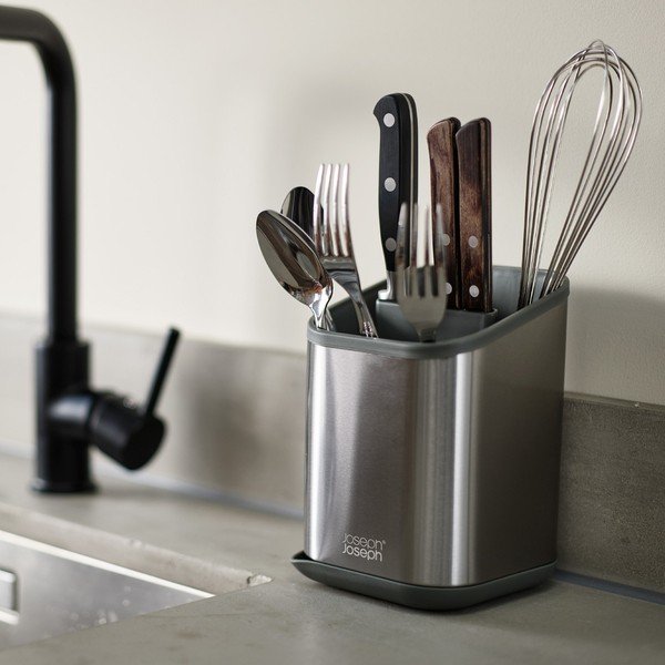 Scolapiatti per posate color argento lucido in acciaio inox 11x11,5 cm Duo Steel – Joseph Joseph-image-1