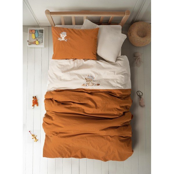 Set copripiumino e federa da bambini arancione/beige in cotone per culla con lenzuolo incluso/4 pezzi 100x150 cm Clever – Mijolnir-image-1