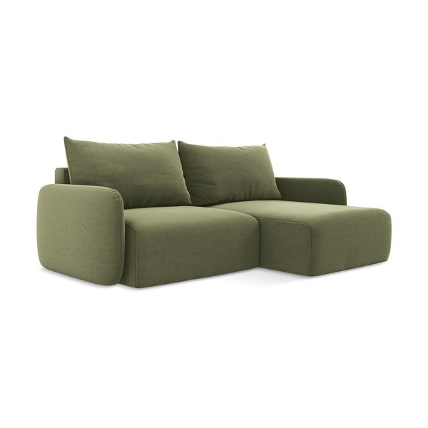Divano angolare verde allungabile/con contenitore (con penisola a destra/con chaise lounge) con rivestimento in velluto Kalena – Makamii-image-2