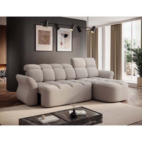 Divano angolare beige allungabile/con contenitore (con penisola a destra/con chaise lounge) e rivestimento in bouclé Beneth – ELTAP-image-3