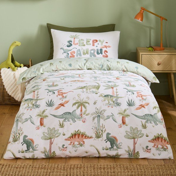 Set copripiumino e federa da bambini color crema in flanella per letto singolo 135x200 cm Brushed Sleepy Saurus Dino – Catherine Lansfield-image-1