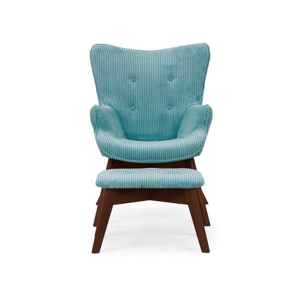 Poltrona con poggiapiedi turchese con rivestimento in velluto a coste Niko – Ropez-image-3