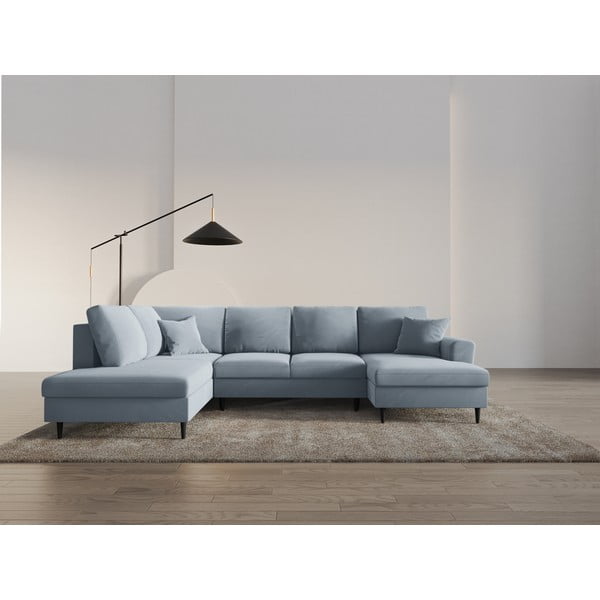 Divano angolare azzurro allungabile e con contenitore (con penisola a sinistra/a U) con rivestimento in velluto Kyoto – Cosmopolitan Design-image-2