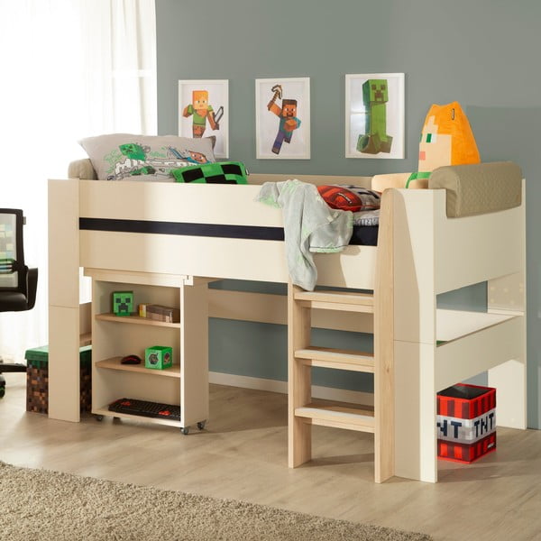 Letto da bambini rialzato beige con contenitore e scrivania rete non inclusa 90x200 cm Studio – Roba-image-2