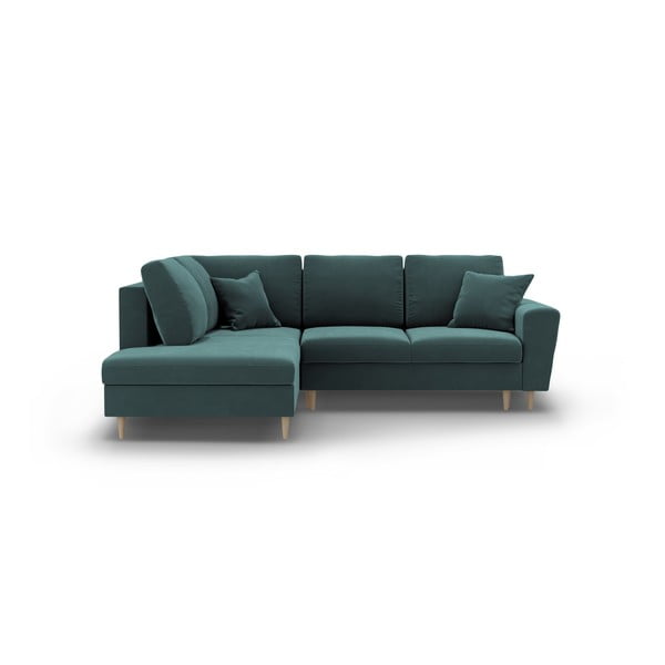 Divano angolare color petrolio allungabile e con contenitore (con penisola a sinistra/a L) con rivestimento in velluto Kyoto – Cosmopolitan Design