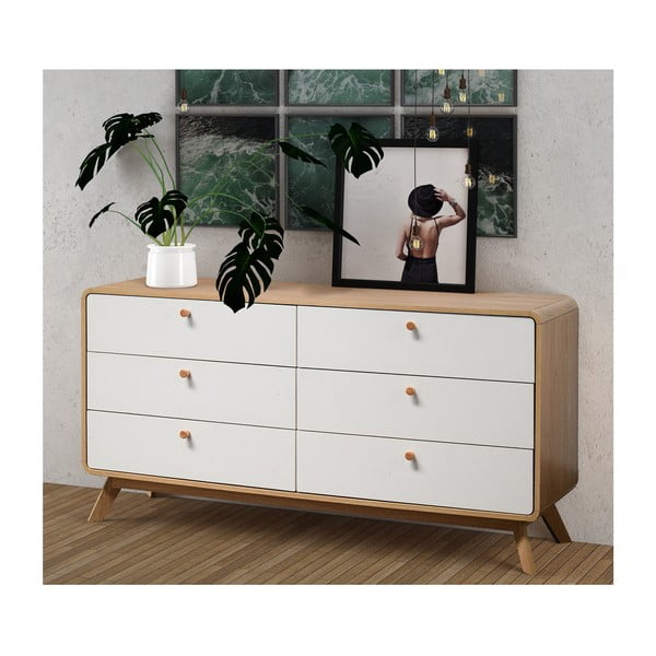 Cassettiera bassa bianca con effetto rovere 150x74 cm Caitlin - Støraa-image-1