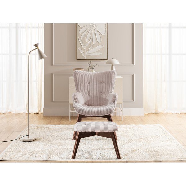 Poltrona con poggiapiedi rosa chiaro con rivestimento in velluto a coste Niko – Ropez-image-1